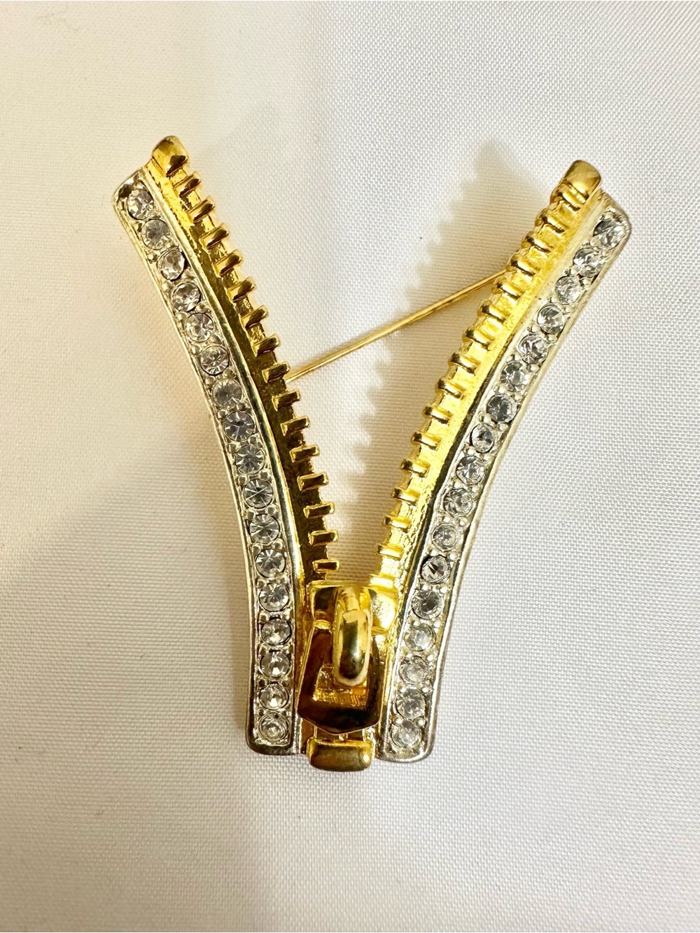 Vintage Gold Plated Crystal Zipper-Style Brooch
